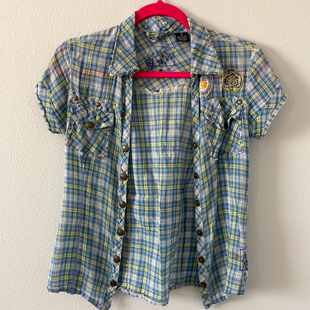 Blue Plaid Button-Down Top